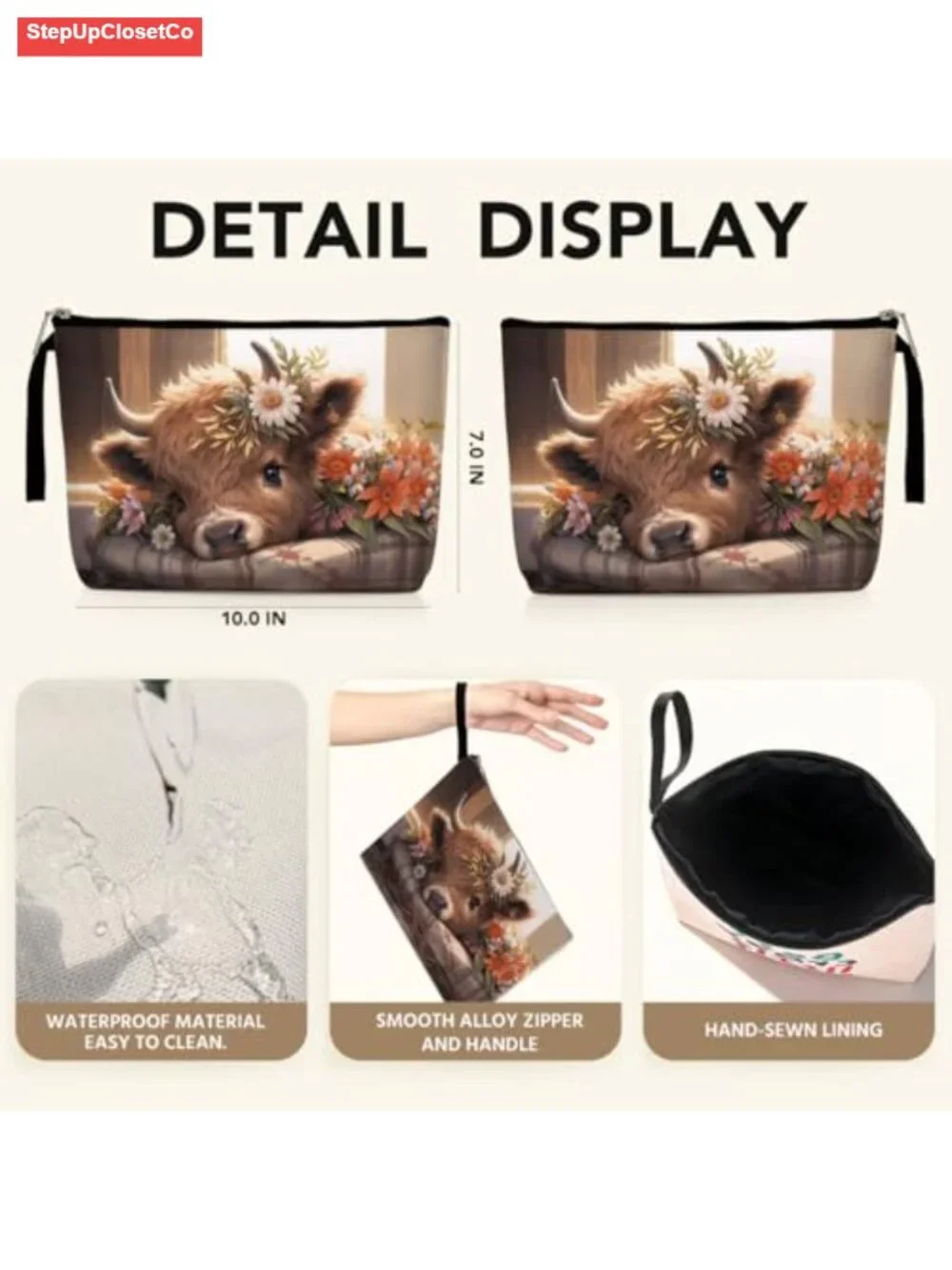 Highland Cow Floral Makeup Bag, Western Cosmetics Organizer Travel Pouch